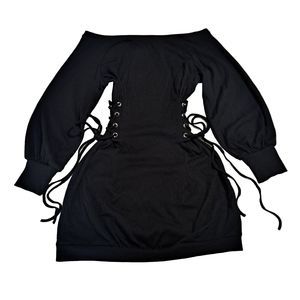 D&M Black Ruched Side Cinched Waist Dress with Bell Sleeves